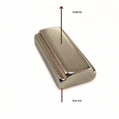 16/13 × 5/4 × 10 mm N42 Neodymium Step Block Magnet . Rectangular Nickel-coated neodymium magnet with a small step on the top sides.Sold at Magnet Store South Africa, Online and in store- Image shows direction of magnetistim. 
