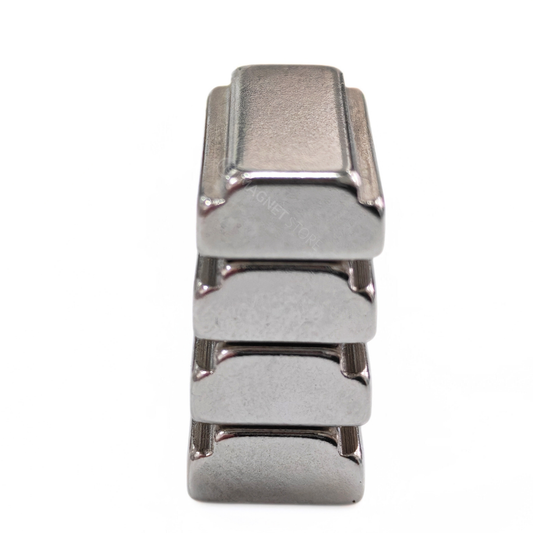 16/13 × 5/4 × 10 mm N42 Neodymium Step Block Magnet . Rectangular Nickel-coated neodymium magnet with a small step on the top sides. Sold at Magnet Store South Africa, Online and in store- Group of 4